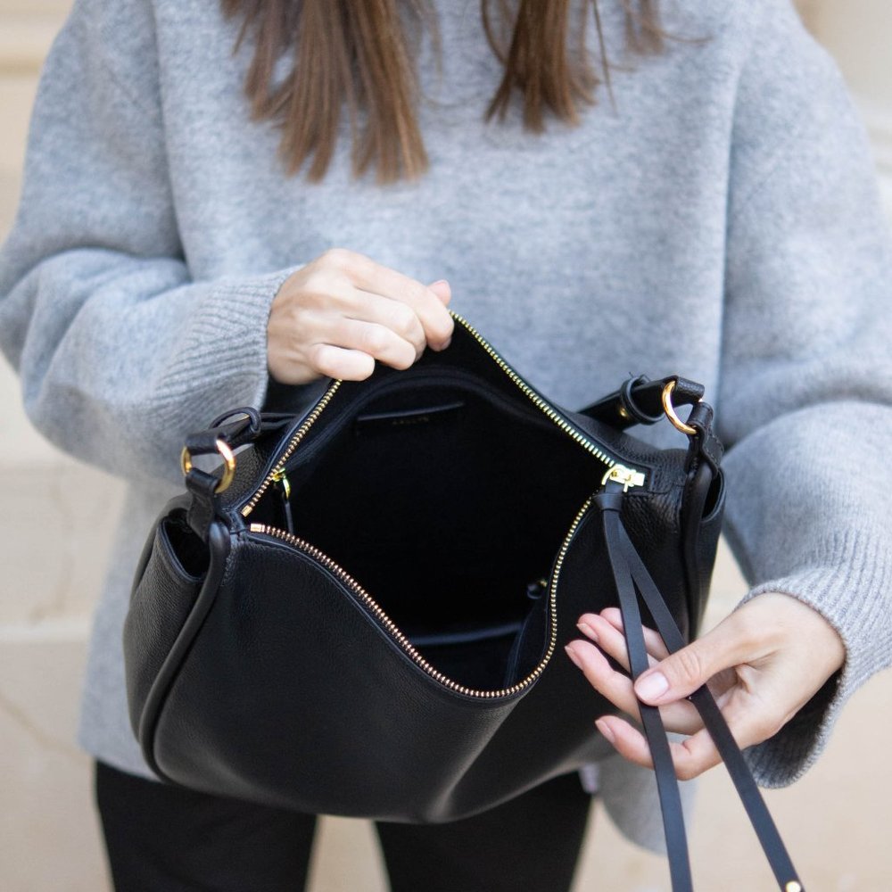 Black Leather Hobo Bag - Classic Everyday Shoulder Bag - Picture 2 of 14